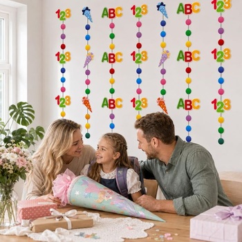 ALEGRE® 6dílná školní girlanda, školní dekorace 2026 pro chlapce a dívky, cukrové kornouty 123 ABC