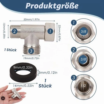 3cestný mosadzný T-kus, prípojka vody s T-kusom 3/8