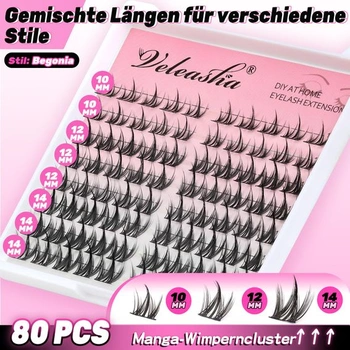 Veleasha Manga Lash Clusters Set s voděodolným lepidlem a těsněním řas C Curl 80 ks 10-14 mm anime