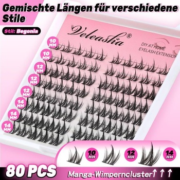 Veleasha Manga Lash Clusters Set s vodeodolným lepidlom a tesnením rias C Curl 80 ks 10-14 mm anime