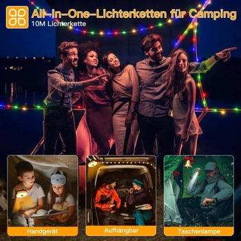 Ollny Camping Výsuvná světelná řetězová světla 10 m Přenosná dobíjecí USB Teplá bílá + Barevná 10 m