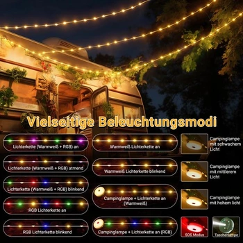 Ollny Camping Výsuvná světelná řetězová světla 10 m Přenosná dobíjecí USB Teplá bílá + Barevná 10 m
