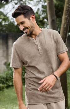 Pánské tričko HMIYA, 100% bavlna, vintage henley, krátký rukáv, letní, ležérní, velikost L,