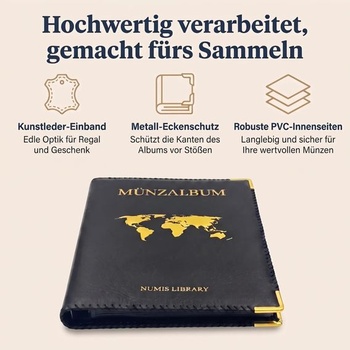 Album na mince – 240 mincí (4,5 x 4 cm na mřížku), album pro sběratele 2 eurových mincí a úložiště