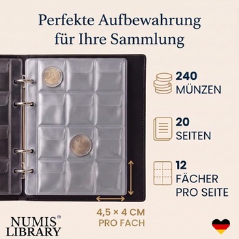 Album na mince – 240 mincí (4,5 x 4 cm na mřížku), album pro sběratele 2 eurových mincí a úložiště