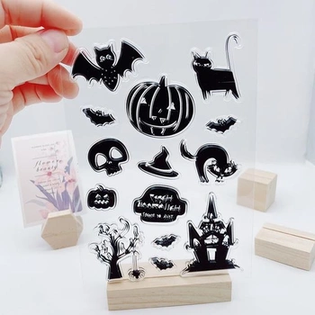 Průhledná halloweenská razítka na výrobu přání nebo do deníku, dýně, netopýr, halloweenský