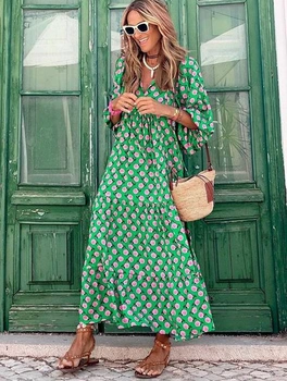 Dámské letní šaty MessBebe, 3/4 rukáv, elegantní výstřih do V, poloviční rukáv, boho střih, dlouhý
