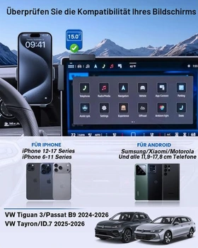 Držák telefonu do auta pro VW s 15palcovým displejem, Tiguan 3/Passat B9 2024-2026, Tayron/ID.7