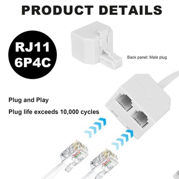 4dielny rozbočovač telefónnych káblov, adaptér pre telefónny kábel RJ11 6P4C, rozbočovač, 1 zástrčka
