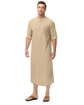 Pánsky kaftan s dlhým rukávom, výstrihom, zapínaním na gombíky a bočným rázporkom, khaki