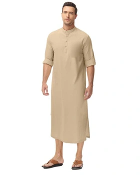 Pánský kaftan s dlouhým rukávem, výstřihem, zapínáním na knoflíky a bočním rozparkem, khaki