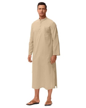 Pánsky kaftan s dlhým rukávom, výstrihom, zapínaním na gombíky a bočným rázporkom, khaki