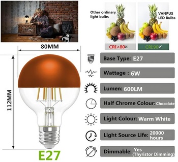 LED žiarovka E27, reflektorová žiarovka, čokoládovo hnedá, žiarovka bez oslnenia, G80 kávovo hnedá - 2