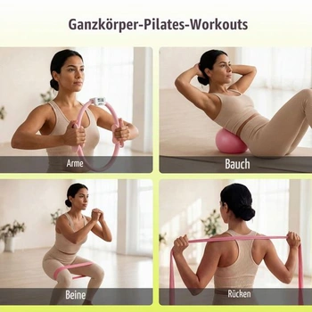 Sada MaxU Pilates pre ženy: kruh s počítadlom, kruh s priemerom 35 cm, lopta, gumy a ponožky. Perfektný