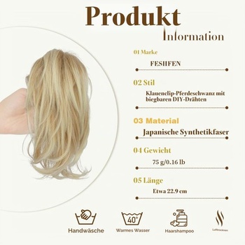 FESHFEN Krátky cop s klipom - Ohybný drôtený DIY drdol Príčesok Culíky Rovný drdol pre DIY