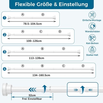 Tyč na záclony bez vŕtania, biela, 79-160 cm, Ø22 mm, napínacia tyč, biela, 79-160 cm (1 kus)