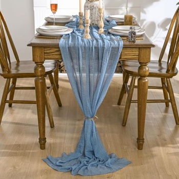 Artoid Módny boho syrový obrus, dymovo modrý, svadobný behúň 80x300 cm, umývateľná dekorácia na
