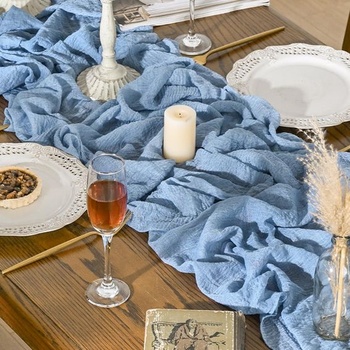 Artoid Módny boho syrový obrus, dymovo modrý, svadobný behúň 80x300 cm, umývateľná dekorácia na