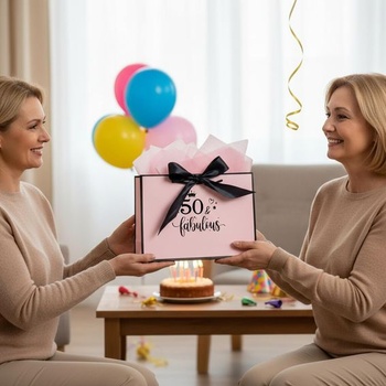 Dárková taška k 50. narozeninám pro ženy 28× 20× 10 cm, růžová papírová dárková taška s přáním a