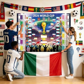 Plagát s programom majstrovstiev sveta vo futbale Hualinshengyu 2026 s 2 perami, futbalový plánovač,