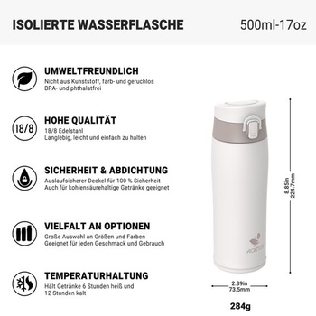 AORIN nerezová termoska/fľaša na vodu 500/750/950ml | 2 nepriepustné viečka so slamkou, udržuje nápoje
