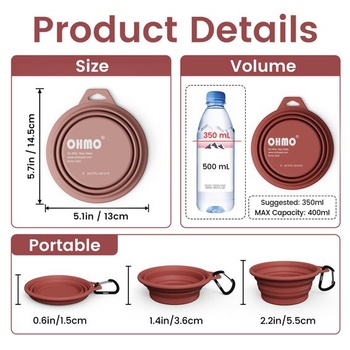 Skladacia miska pre psov OHMO, prenosná, krúžok z nerezovej ocele, 2 x 350 ml, koral a čerešňovo