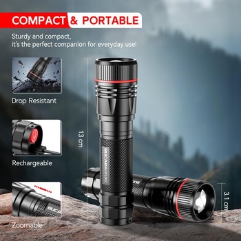 Dobíjacie LED svietidlo BUCASA, balenie 2 kusov, zoomovací, USB-C, čierna