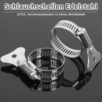 Nerezové hadicové spony, 10 kusů, nastavitelné hadicové spony 13-19 mm pro bazénové hadice,