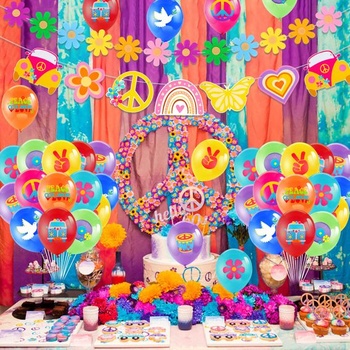 HOWAF 60. léta hippie téma balónky párty, groovy retro květinový banner s mírovým znamením