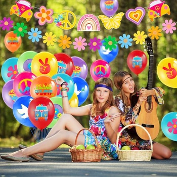 HOWAF 60. léta hippie téma balónky párty, groovy retro květinový banner s mírovým znamením