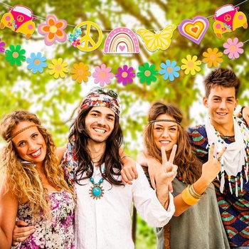 HOWAF 60. léta hippie téma balónky párty, groovy retro květinový banner s mírovým znamením
