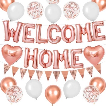 Sada ružovo-zlatých balónikov DazzJoy Welcome Home, 16-palcové ružovo-zlaté balóniky s nápisom WELCOME