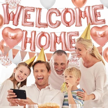 Sada růžovo-zlatých balónků DazzJoy Welcome Home, 16palcové růžovo-zlaté balónky s nápisem WELCOME