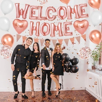 Sada ružovo-zlatých balónikov DazzJoy Welcome Home, 16-palcové ružovo-zlaté balóniky s nápisom WELCOME