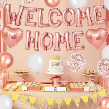 Sada ružovo-zlatých balónikov DazzJoy Welcome Home, 16-palcové ružovo-zlaté balóniky s nápisom WELCOME