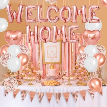 Sada růžovo-zlatých balónků DazzJoy Welcome Home, 16palcové růžovo-zlaté balónky s nápisem WELCOME