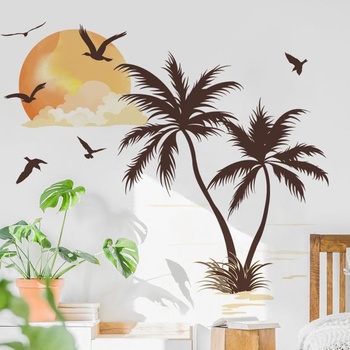 Runtoo samolepka na stenu palma boho nálepka na stenu tropické rastliny vtáky západ slnka samolepka na