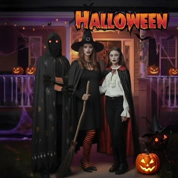 KATELUO Halloweensky kostým Smrtky, halloweensky kostým pre dospelých s červenými LED okuliarmi, čierna