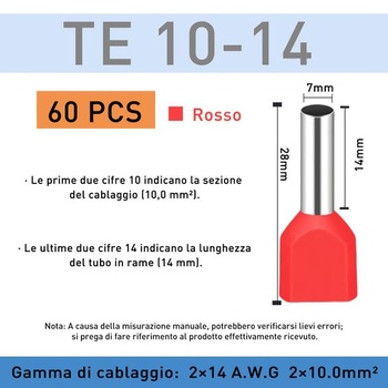 60 kusov 2 x 10,0 mm² červených krimpovacích elektrických káblových ôk, obsahujúcich elektrické