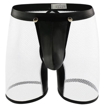 Pánske sexy sieťované boxerky, priehľadné, z umelej kože, pánske boxerky, klubové oblečenie, gombíky,
