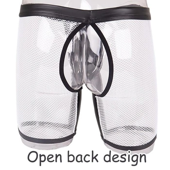 Pánske sexy sieťované boxerky, priehľadné, z umelej kože, pánske boxerky, klubové oblečenie, gombíky,