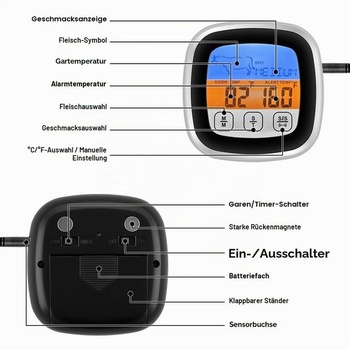 Digitálny teplomer na grilovanie s 5 úrovňami varenia, teplomer na grilovanie v bielej farbe, teplomer