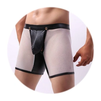 Pánske sexy sieťované boxerky, priehľadné, z umelej kože, pánske boxerky, klubové oblečenie, gombíky,