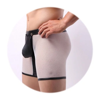 Pánské sexy síťované boxerky, průhledné, z umělé kůže, pánské boxerky, klubové oblečení, knoflíky,