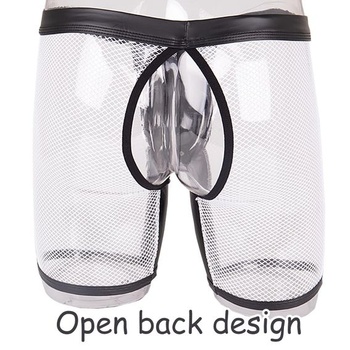 Pánské sexy síťované boxerky, průhledné, z umělé kůže, pánské boxerky, klubové oblečení, knoflíky,
