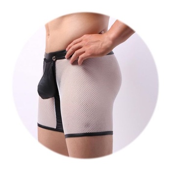 Pánské sexy síťované boxerky, průhledné, z umělé kůže, pánské boxerky, klubové oblečení, zapínání