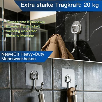 8 veľkých samolepiacich háčikov, nosnosť až 20 kg, priehľadné samolepiace nástenné háčiky, odnímateľné