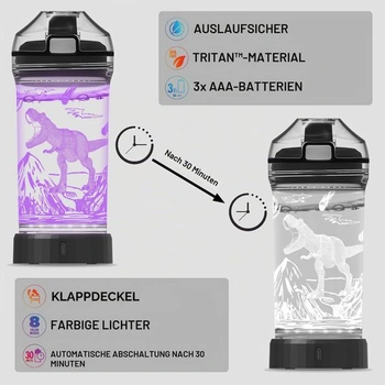 Dětská láhev na vodu s amonitovým dinosaurem a 3D svítícím LED světlem 400 ml, tritan, bez BPA -