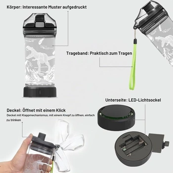 Dětská láhev na vodu s amonitovým dinosaurem a 3D svítícím LED světlem 400 ml, tritan, bez BPA -