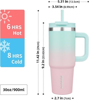 BJPKPK 900ml termohrnek z nerezové oceli s uchem, víčkem a 2 brčky – opakovaně použitelný